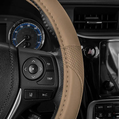 Motor Trend Perforated Microfiber Leather Steering Wheel Cover for Cars Trucks SUVs Vans, Sporty Racing Improved Grip Anti-Fatigue Ergonomic Design, Airbag Compatible - Fits Standard 15" Inch - Beige