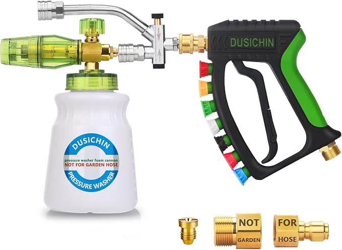 DUSICHIN Foam Cannon Pressure Washer Gun Kit 4000 PSI Double Tip Attachment, Dual-Connector Accessory Soap Cannon,Car Wash Foam Gun Snow Foam Lance 1/4 Inch Quick Connector,7 Sprayer Nozzles DUS2904