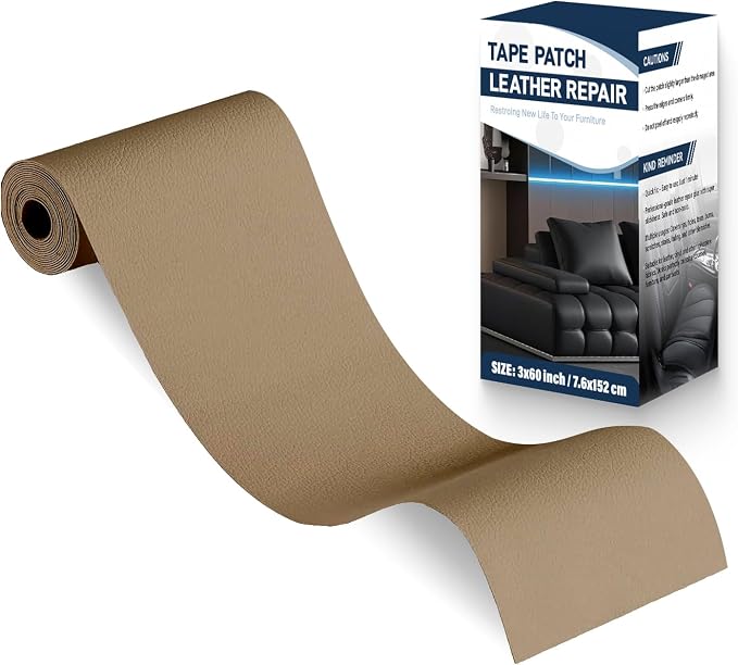 Zenyao Leather Repair Patch Tape - Self Adhesive Leather Repair Kit for Car Seat Furniture, Heavy Duty Vinyl Repair Patch for Couch Sofa, Waterproof Fix for Tears, 3x60 Inch Roll, Grey Khaki