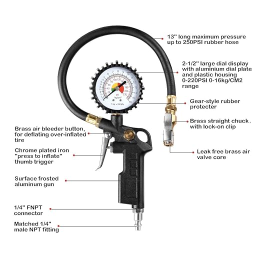 CZC AUTO Tire Inflator Deflator Air Pressure Gauge with Rubber Hose, 2-1/2" Dial Wheel Inflator Gage with Straight Brass Lock-on Chuck Compatible with Air Pump Compressor for RV Car Motorcycle Bike