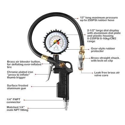 CZC AUTO Tire Inflator Deflator Air Pressure Gauge with Rubber Hose, 2-1/2" Dial Wheel Inflator Gage with Straight Brass Lock-on Chuck Compatible with Air Pump Compressor for RV Car Motorcycle Bike