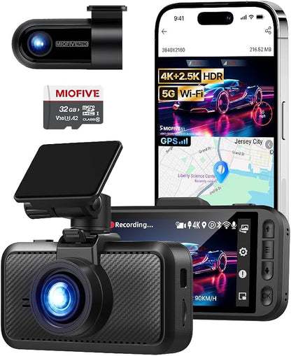 Miofive Dash Cam Front & Rear Dual Channel – Front 4K UHD + Rear 2.5K, Built-in GPS & 5GHz WiFi, 3.0″ IPS Screen, HDR & Night Vision, G-Sensor, 24-Hour Parking Mode, 32 GB Card Included