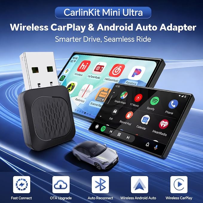 Carlinkit Wireless CarPlay/Android Auto Adapter - 2026 Mini Ultra Compatible with Factory Wired CarPlay/Android Auto Car, USB-A/C Plug & Play, 5.8GHz Dongle, Auto-Connect, OTA Upgrade