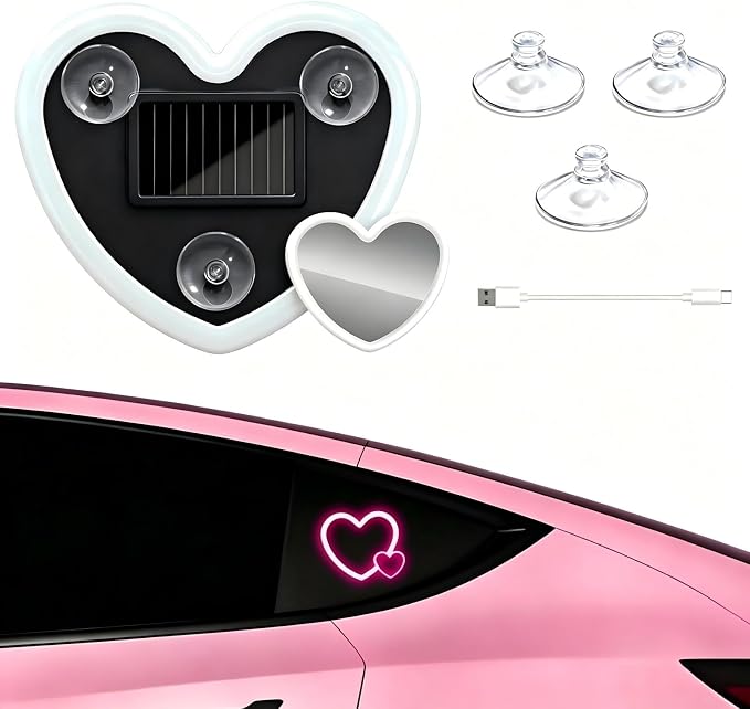 Rechargeable Solar-Powered Wireless Double-Heart LED Light for Car Interior Decorations, with 6 Lighting Modes and Vibration Sensor, Romantic Ambient Gift for Couples/Women/Men, Pink, 1 Pcs