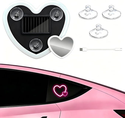 Rechargeable Solar-Powered Wireless Double-Heart LED Light for Car Interior Decorations, with 6 Lighting Modes and Vibration Sensor, Romantic Ambient Gift for Couples/Women/Men, Pink, 1 Pcs