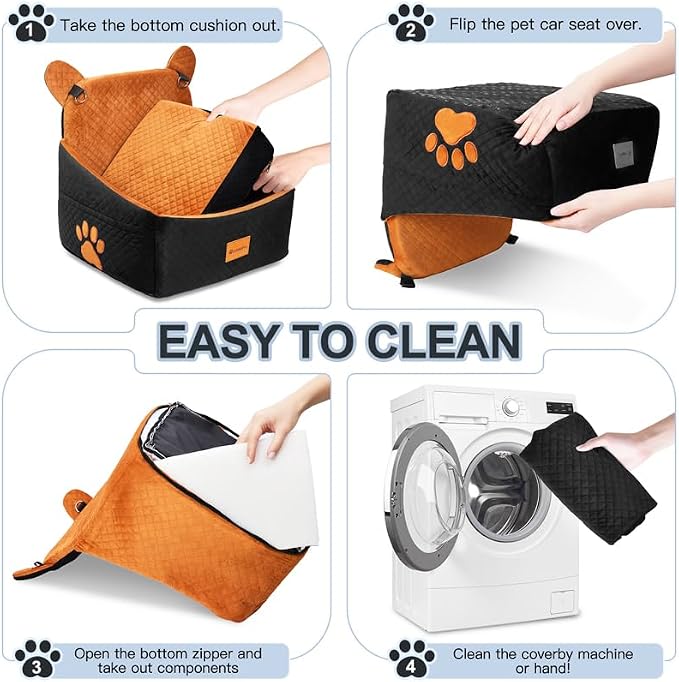 Dog car Seats for Small/Medium Dogs up to 33lbs- Washable, Waterproof, Dog Booster & car Seats with 2 Easy-Install Safety Belts, Non-Slip Base & Storage Pocket(Brown Black).