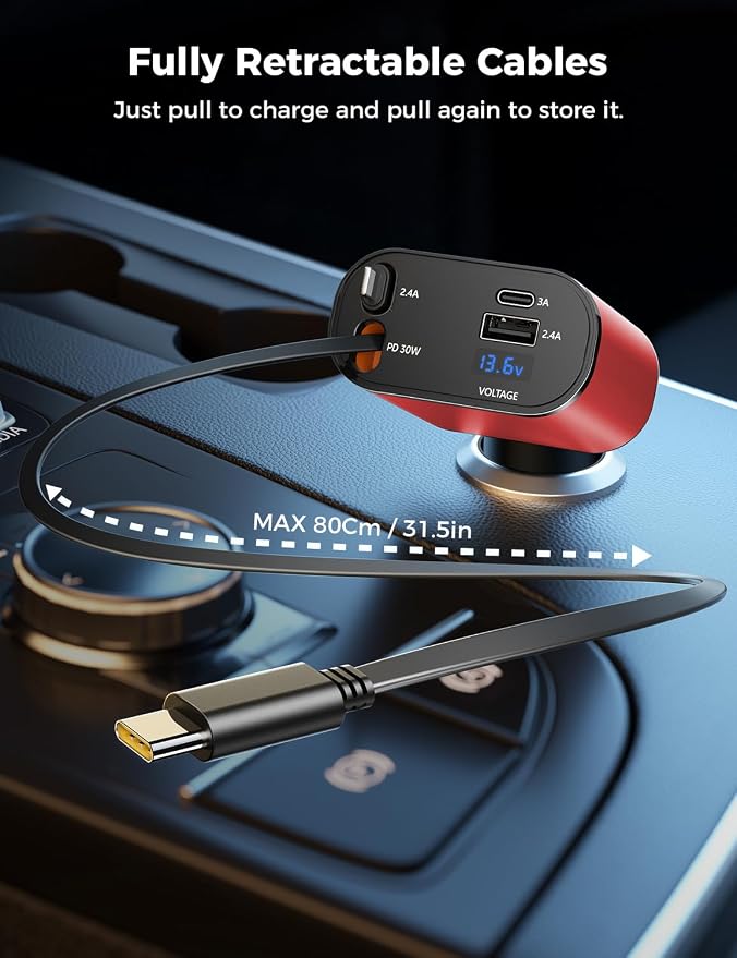 SUPERONE 【Upgraded】 Retractable Car Charger 4 in 1, Fast Car Phone Charger with Cord 2.6ft, USB C and Apple Car Charger Adapter, Compatible with iPhone 17/16/15/15 Pro Max/14/13/12/11, Galaxy, Pixel
