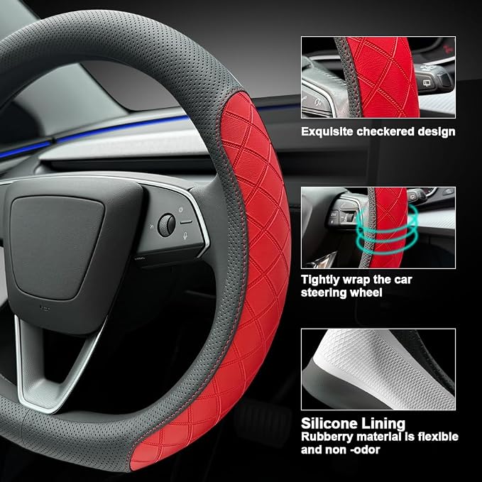 LKWLIKEI Leather Steering Wheel Cover. Elegant Diamond Checkered Design, Non-Slip and Breathable, for Tesla Model 3/Y Steering Wheel Protector,Black Red