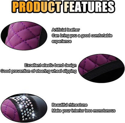Bling Soft Leather Steering Wheel Cover, 15 Inch Colorful Rhinestones Auto Elastic Protector with Crystal Diamond for Women Girls, Car Accessories for Most Cars, SUVs (Purple)