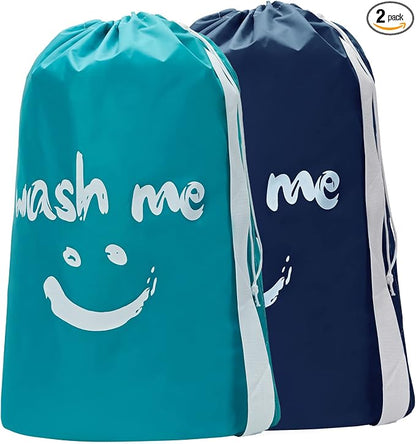 HOMEST 2 Pack XL Wash Me Travel Laundry Bag with Strap, Dirty Garments Organizer, Large Enough to Hold 4 Loads of Clothes, Easy Fit a Hamper or Clothing Basket, Sky Blue and Blue