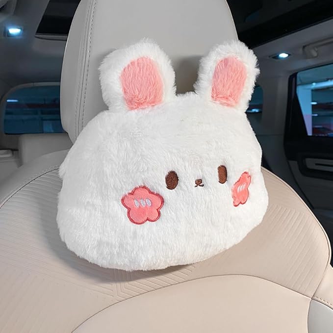 Cartoon Car Seat Cushion Lumbar Support Pillow and Neck Pillow, Cute Car Seat Pillow Headrest Pillow Back Support for Driving Fatigue Relief,for Office Chair Truck SUV (Rabbit Headrest)