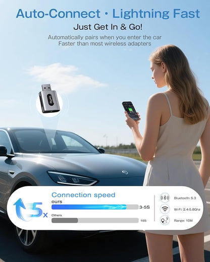 Wireless CarPlay Adapter for iPhone, 3X Faster Auto-Connect, No Lag, Plug & Play with Bluetooth 4 & WiFi 6, Mini Dongle, Includes USB & USB-C Extension Cable, Stable Wireless Conversion