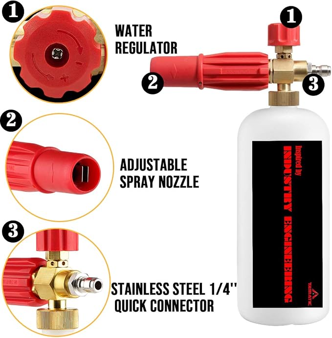 YAMATIC Heavy Duty Foam Cannon Professional Car Wash Pressure Washer Jet Wash 1/4" Quick Connect Adjustable Snow Foam Lance with 5 Nozzle Tips