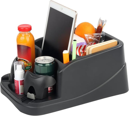 Large Size Plastic Console for Cars, Trucks, Minivans, SUVs with 2 Adjustable Drink Cup Holders Phone Book Holder, Back Bench and Front Seat or Floor Middle Console Universal Vehicle Organizer Black
