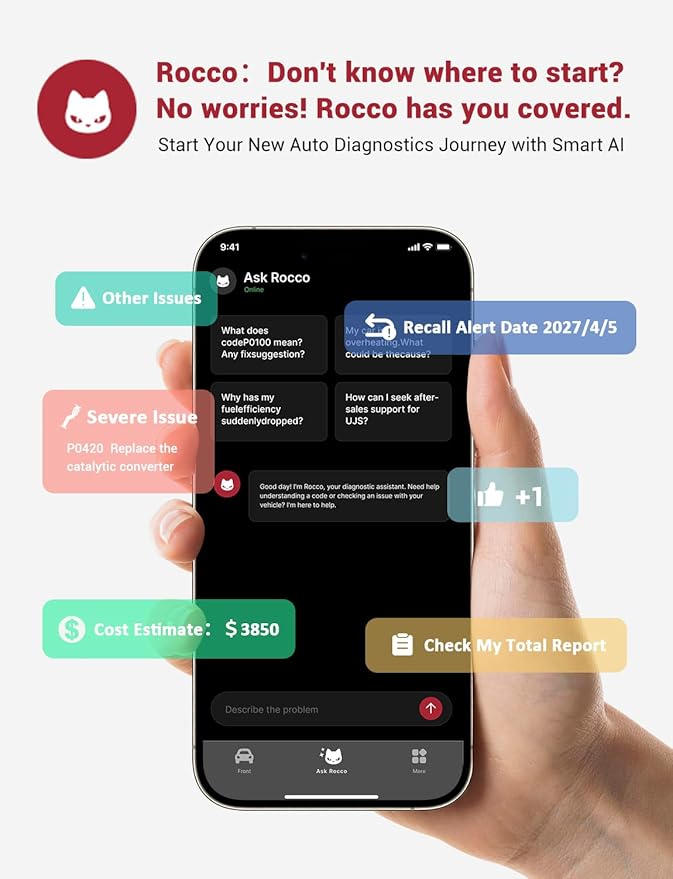 Rocco Pro OBD2 Scanner Bluetooth for iPhone & Android, No Subscription, Full System Car Diagnose with AI Repair Guide, ABS/SRS/Transmission Code Reader, Used Car Inspector, Vehicles 1996+