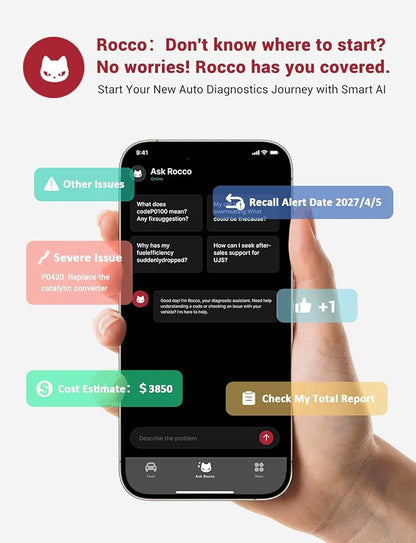 Rocco Pro OBD2 Scanner Bluetooth for iPhone & Android, No Subscription, Full System Car Diagnose with AI Repair Guide, ABS/SRS/Transmission Code Reader, Used Car Inspector, Vehicles 1996+