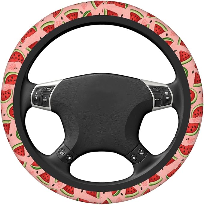Cute Watermelon Steering Wheel Cover for Women,Universal Auto Steering Wheel 14-15 Inch Car Interior Accessories with 2PCS Car Coasters,Suitable for Men and Women