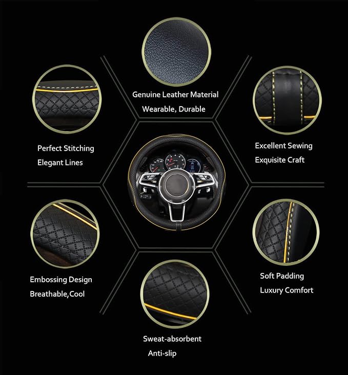 Gomass Car Steering Wheel Cover, Anti-Slip, Safety, Soft, Breathable, Heavy Duty, Thick, Full Surround, Sports Style (Black with Yellow Line)