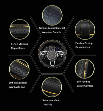 Gomass Car Steering Wheel Cover, Anti-Slip, Safety, Soft, Breathable, Heavy Duty, Thick, Full Surround, Sports Style (Black with Yellow Line)