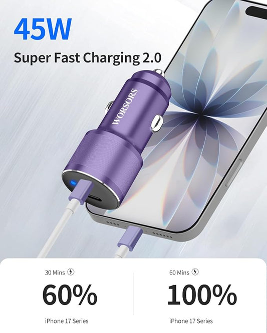 Purple Dual 45W USB C Car Charger, 90W Max Super Fast Charging, All Metal 12V Cigarette Lighter Adapter for iPhone 17 Pro Max/16/15/iPad, Samsung Galaxy S26/S25, Google Phone with 2 Type C Cable 3.3ft