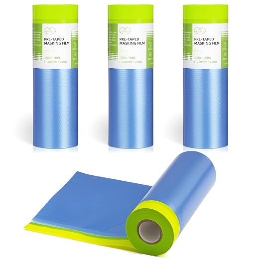 Tangibay Pre-Taped Masking Film for Painting - 70" x 66' Painters Plastic Sheeting for House & Automotive Paint, Tape and Drape for Covering Cars, Walls, Windows and Furniture Protection (4 Rolls)