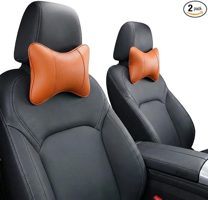 Car Pillow for Car Neck Pillow for Driving Seat Leather Neck Support Soft Cushion Support Head-Rests for Vehicle Sleeping with Elastic Adjustment Strap 2PCS (Neck, Light Tan)