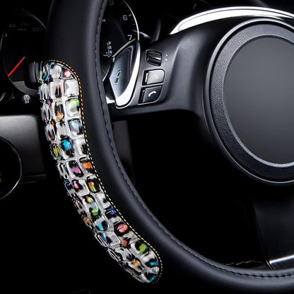 Flying Banner car Steering Wheel Cover Gel Massage Velvet Cool Warm Universal Size 15 inches SUV Truck Anti Slip Odorless Summer Winter (Black Leopard, Gel Massage)