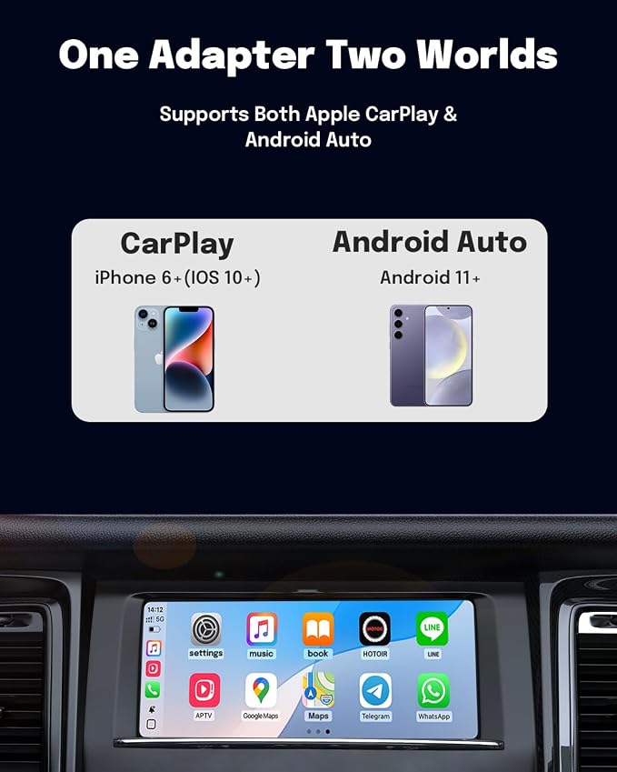 ZUCWO 2-in-1 Wireless CarPlay Adapter and Android Auto Adapter – Converts Wired to Wireless for Cars 2016+, Plug & Play, USB-A to USB-C for iOS10+/Android 11+
