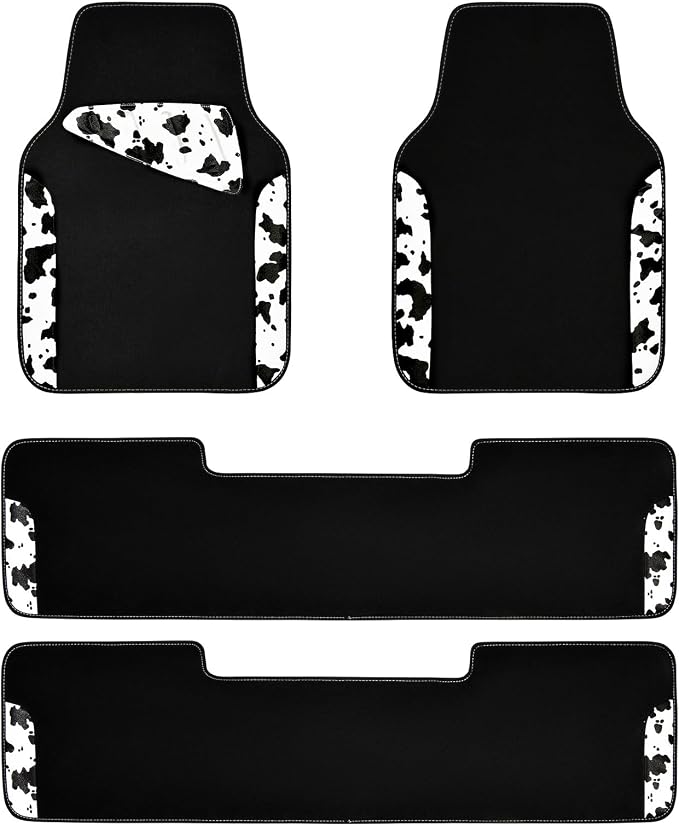 CAR PASS Waterproof Universal 3 Row Car Floor Mats, Cow Print Car Mats Fit for SUV,Vans,sedans, Trucks,Set of 3 Row Vehicles Car Carpet with Heel Pad and Nibs Backing, Cute Women Girly (Black White)