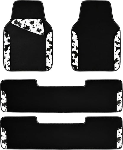 CAR PASS Waterproof Universal 3 Row Car Floor Mats, Cow Print Car Mats Fit for SUV,Vans,sedans, Trucks,Set of 3 Row Vehicles Car Carpet with Heel Pad and Nibs Backing, Cute Women Girly (Black White)