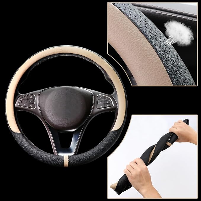 COFIT Breathable Car Steering Wheel Cover 15 inch Auto Universal Leather Wrap Non-Slip Steeringwheel Protector Automotive Interior Accessories, Beige (Suit for 14 1/2-15 inch)