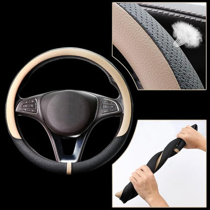 COFIT Breathable Car Steering Wheel Cover 15 inch Auto Universal Leather Wrap Non-Slip Steeringwheel Protector Automotive Interior Accessories, Beige (Suit for 14 1/2-15 inch)