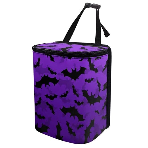 Purple Bats Pattern Car Trash Can Leakproof Garbage Bag with Lid and Zipper 1.2Gal Trash Bin Hanging for Back Seat Halloween Car Accessories Universal Fit