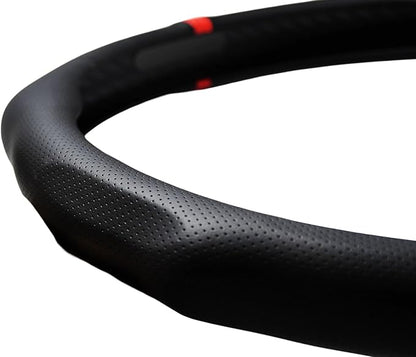 Quick Install Sporty Perforated Nappa Leather Steering Wheel Cover with Red Circular Stripe Trim Universal fit Any 14½ to 15 inches Car Pickup SUV 14.5 to 15 inches SW