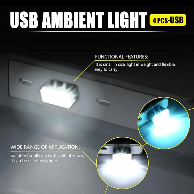 4 PCS USB LED Car Interior Atmosphere Lamp, Portable Mini Auto LED Decor Night Light, Plug-in USB Interface Ambient Lighting Kit, Universal Car Interior Accessories(White+Ice Blue)