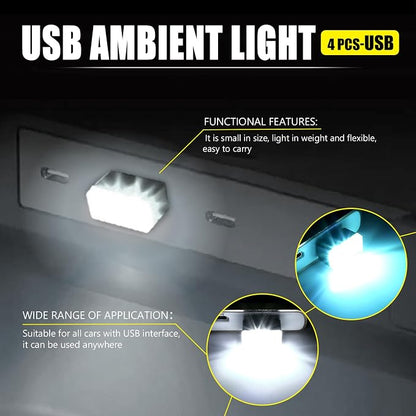 4 PCS USB LED Car Interior Atmosphere Lamp, Portable Mini Auto LED Decor Night Light, Plug-in USB Interface Ambient Lighting Kit, Universal Car Interior Accessories(White+Ice Blue)