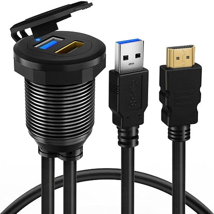 USB 3.0 HDMI Car Mount Flush USB Port Cable, Alloy Shell HDMI USB3.0 Dash Panel Extension Cable with LED Indicator for Car Boat Motorcycle -3ft