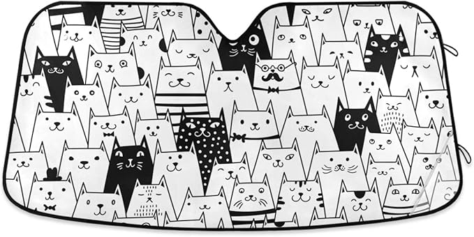 Funny Cat Car Windshield Sun Shade Cute Black White Kitty Animal Foldable UV Ray Sun Visor Protector Sunshade to Keep Your Vehicle Cool (55" x 27.6")