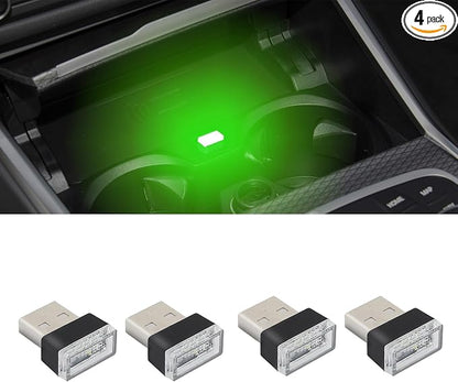 4PCS USB LED Car Interior Atmosphere Lamp, Plug-in USB Decor Night Light, Portable Auto Ambient Lighting Kit, Universal Car Interior Accessories LED Night Light for Most Cars (Green)