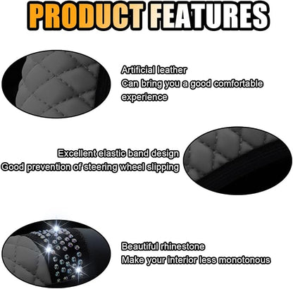 Bling Soft Leather Steering Wheel Cover, 15 Inch Colorful Rhinestones Auto Elastic Protector with Crystal Diamond for Women Girls, Car Accessories for Most Cars, SUVs (Grey)