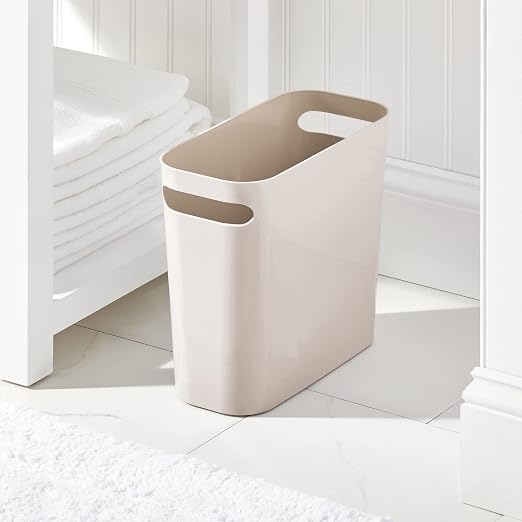 mDesign Plastic Small Trash Can, 1.5 Gallon/5.7-Liter Wastebasket, Narrow Garbage Bin with Handles for Bathroom, Laundry, Home Office - Taupe