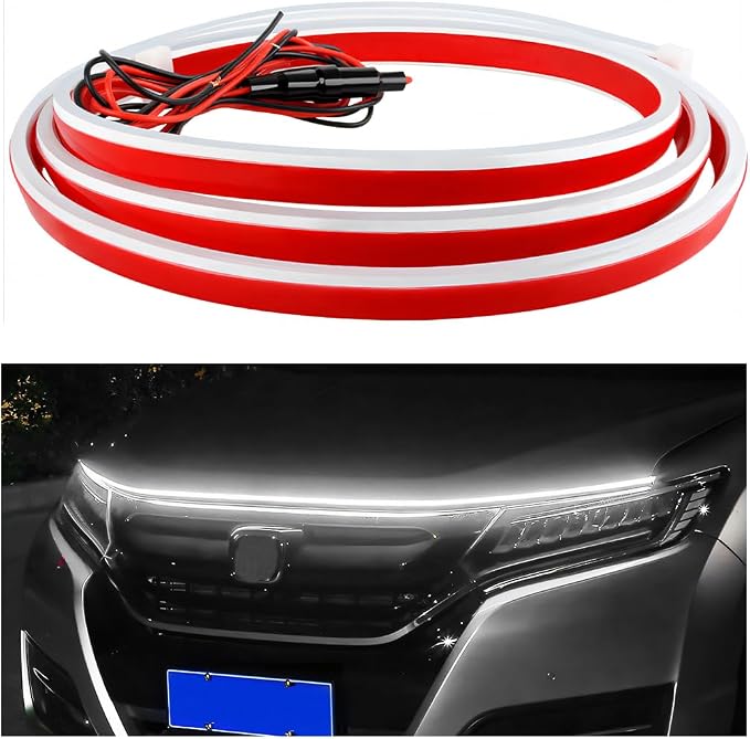 Car Hood Light Strip, 71 Inch Silicone Flexible Daytime Vehicle LED Running Lighting with Dynamic Scan Start Up Effect, Waterproof Auto Exterior Lamp Accessories, Universal Fit (White)