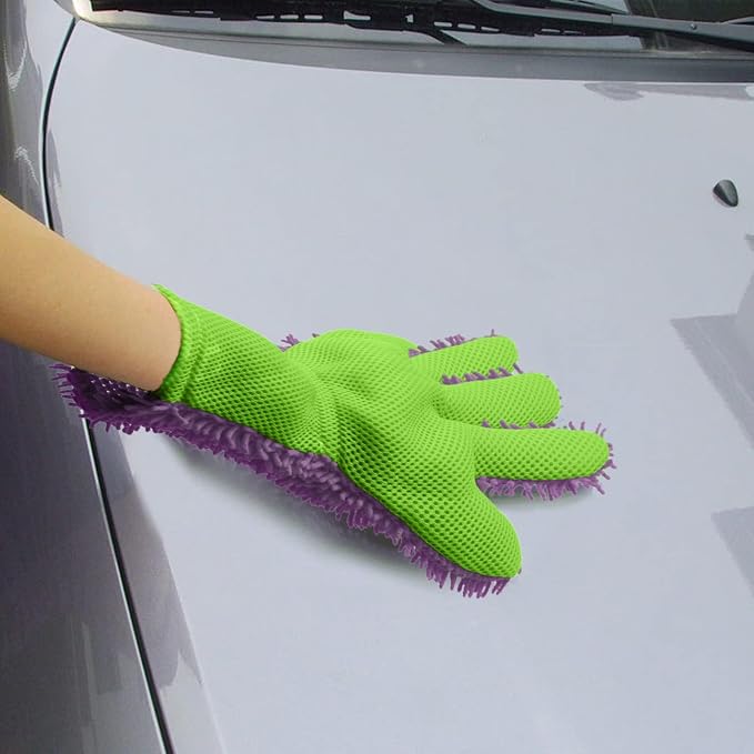 BokWin 2-Pack Car Wash Mitt Scratch Free, 5-Finger Microfiber Wash Mitts, Car Interior Exterior Cleaning Gloves, Auto Chenille Washing Sponge Kits for Cleaning Wheel Tight Spot(Purple)