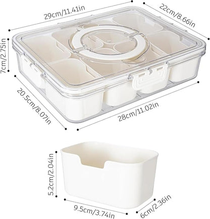 WACOI Divided Snack Serving Tray with Lid and Handle travel Snackle Box Charcuterie Container Portable Storage Organizer for Candy, Fruits, Nuts, Snacks 1Pack White