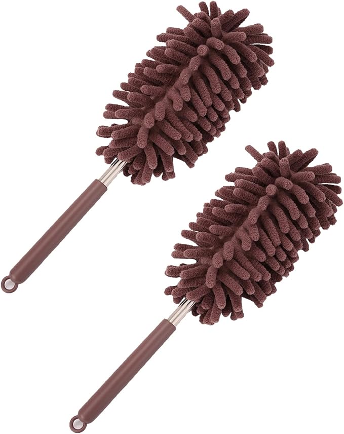 2PCS Car Interior Duster with Extension Pole, Microfiber Retractable Dusters Auto Dash Cleaning Tool, Soft Chenille Hand Washable Dusters for Vehicle Window Office Furniture (Brown)
