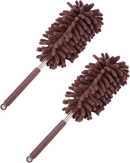 2PCS Car Interior Duster with Extension Pole, Microfiber Retractable Dusters Auto Dash Cleaning Tool, Soft Chenille Hand Washable Dusters for Vehicle Window Office Furniture (Brown)