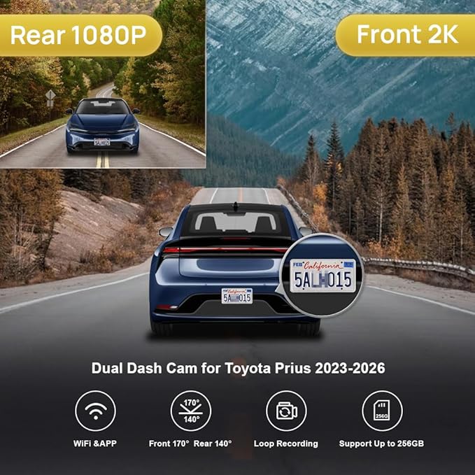 Fitcamx Front 2K+Rear 1080P Dash Cam Adapts for Toyota Prius 2023-2026 & Prime Plug-in Hybrid (XW60), OEM Style, Dual HD Video, Built-in WiFi & APP, Loop Recording, G-Sensor, Easy to Set, 64GB Card