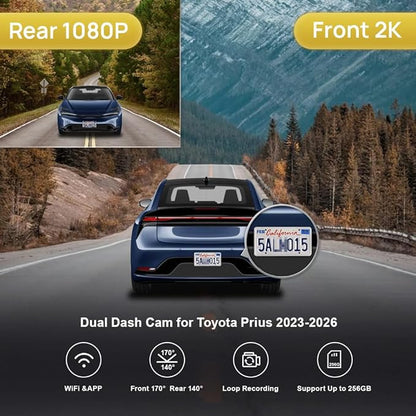 Fitcamx Front 2K+Rear 1080P Dash Cam Adapts for Toyota Prius 2023-2026 & Prime Plug-in Hybrid (XW60), OEM Style, Dual HD Video, Built-in WiFi & APP, Loop Recording, G-Sensor, Easy to Set, 64GB Card