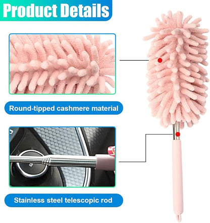 2PCS Car Interior Duster with Extension Pole – Washable Microfiber Dusters Detailing Brushes with Bendable Head, Long Handle Cleaning Duster Tool for Car Dash, Vents, Window, Furniture, Office (Pink)