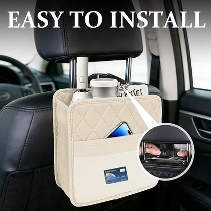 Car Seat Back Organizer, Leather Backseat Hanging Storage Bag, Multipurpose Car Hanging Trash Bag with 2 Compartments, Car Large Capacity Pouch Pocket for Kids & Adults (Beige/Transparent Bag)